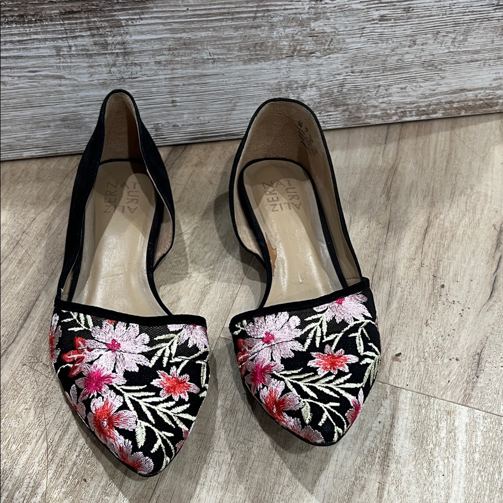 Naturalizer Black Flats with Pink Floral Embroidery